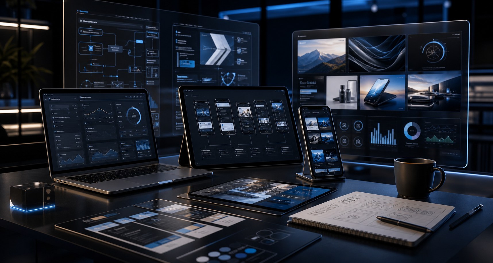 Premium digital studio with website, mobile and dashboard interfaces